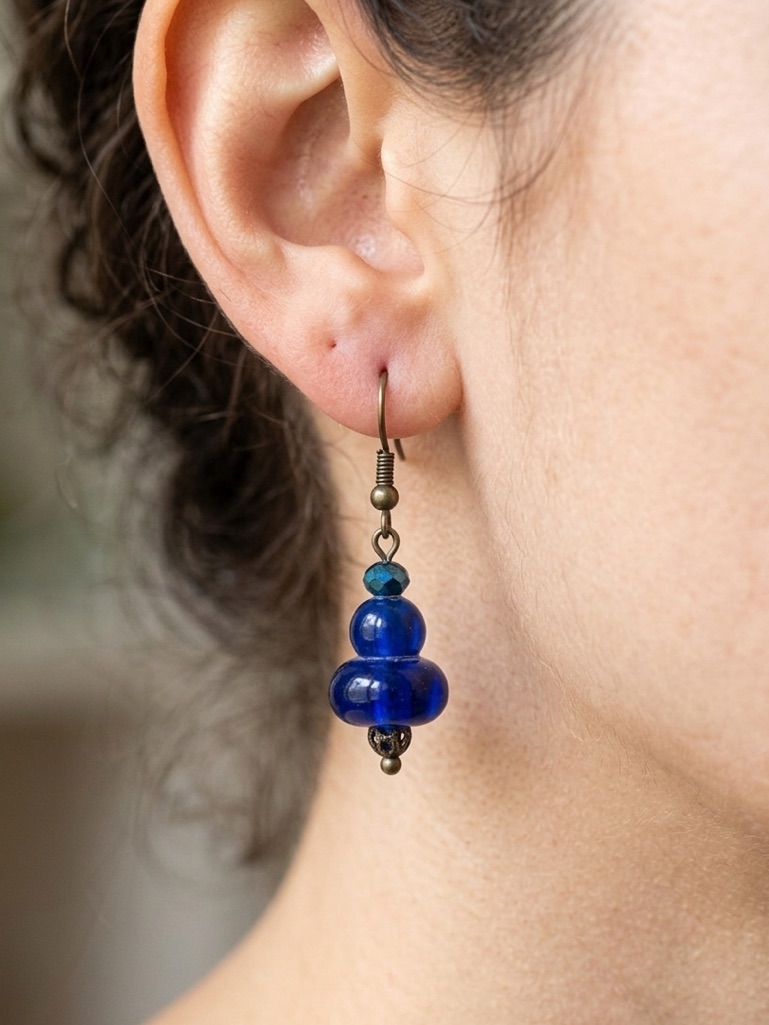 Handcrafted Glass Lampwork Bead Earrings | Sapphire Blue And Bronze Filigree